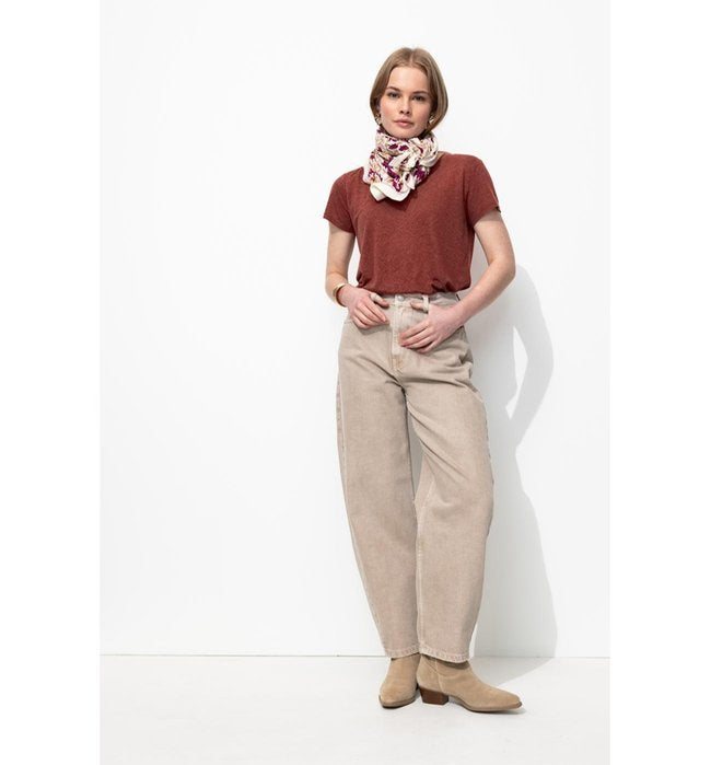 T-shirt en Lin Mélangé Femme - Marron Uni Fonce