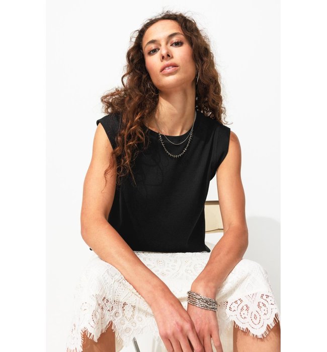 T-shirt sans Manches Côtelé - Noir Uni Fonce