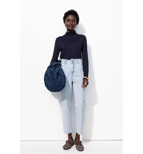 T-shirt Col Roulé Femme - Bleu Uni Fonce