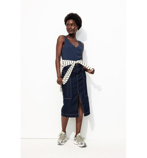 Débardeur Col V en Coton Femme - Bleu Uni Fonce