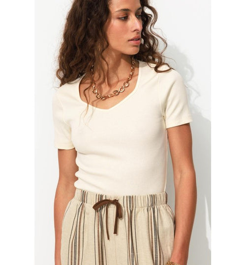 T-shirt Côtelé Col Cœur Femme - Naturel Uni Clair
