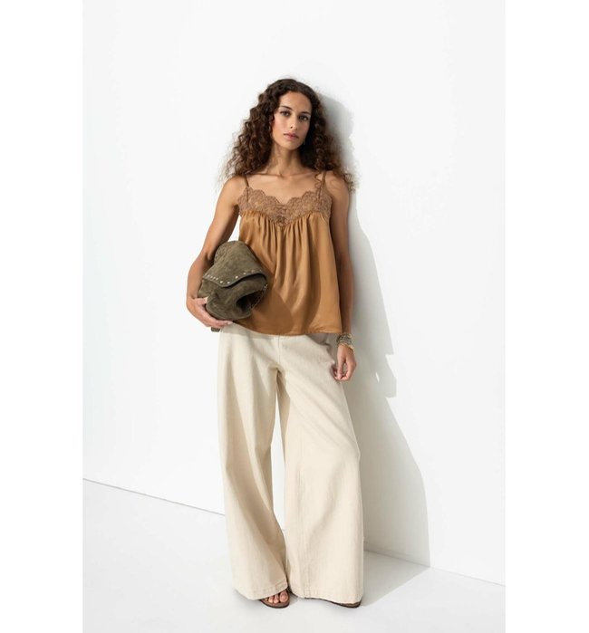 Top en Satin et Dentelle Femme - Grège Uni Fonce