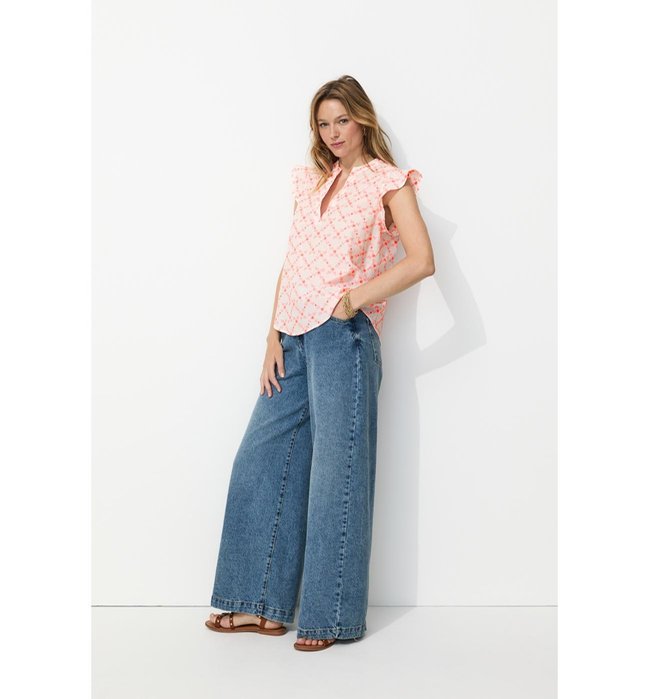 Blouse Brodée Fluo Femme - Rose Uni Colore