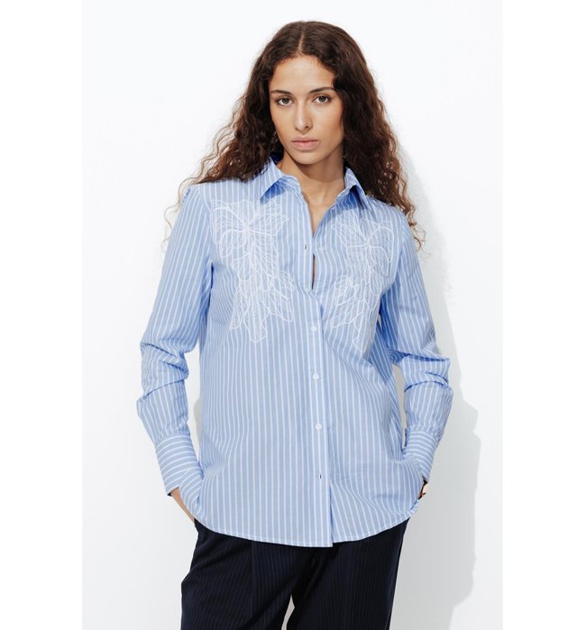 Longue Chemise Brodée Femme - Bleu Raye