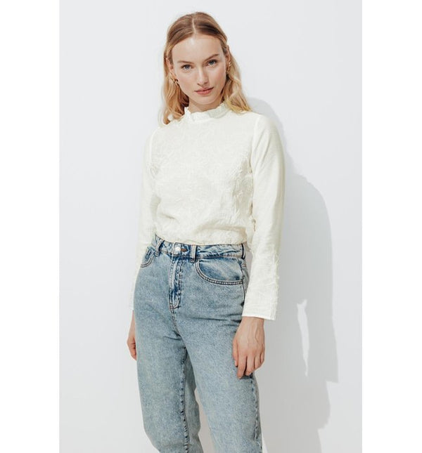 Mujer Romántico Bordado Blusa, Un Color, Color Natural Claro