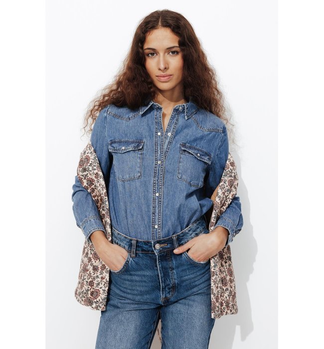Chemise Western en Jean Femme - Jeans Uni Fonce