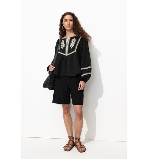 Blouse Folk Brodée Femme - Noir Uni Fonce