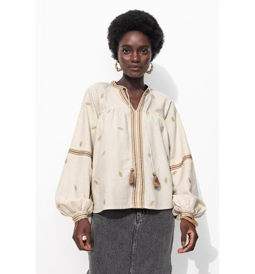 Blouse Brodée Folk Femme - Naturel Uni Clair