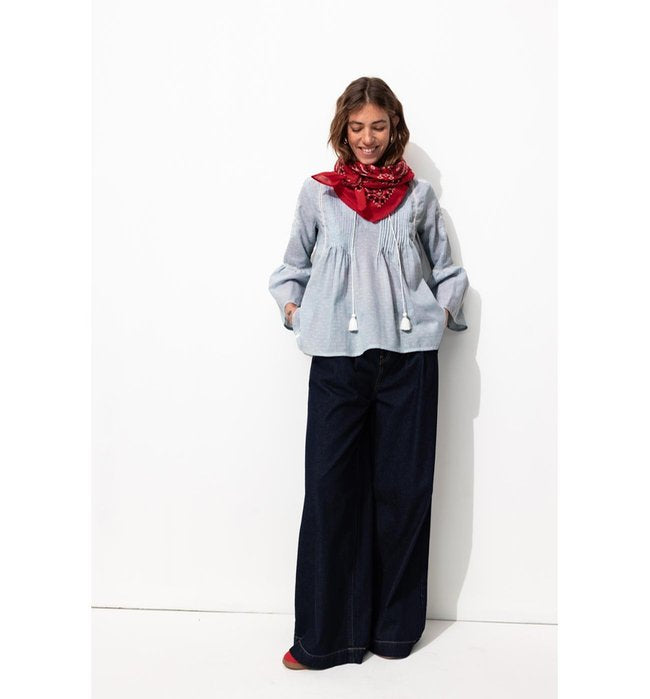 Blouse Rayée Brodée Femme - Bleu Uni Colore