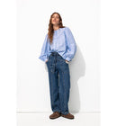 Chemise Brodée Manches Ballon - Bleu Uni Colore