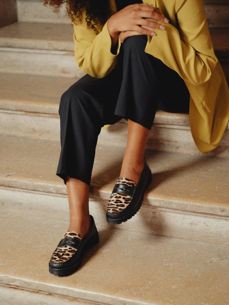 Black & Animal Print Penny Chunky Loafer - Lachoix