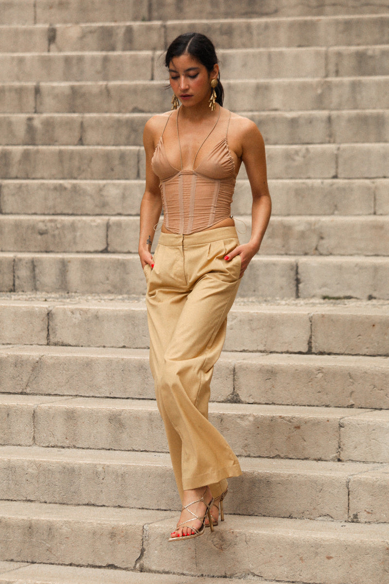 Pantalon Droit Trompe-L'Œil Orné Dentelle - Cookie