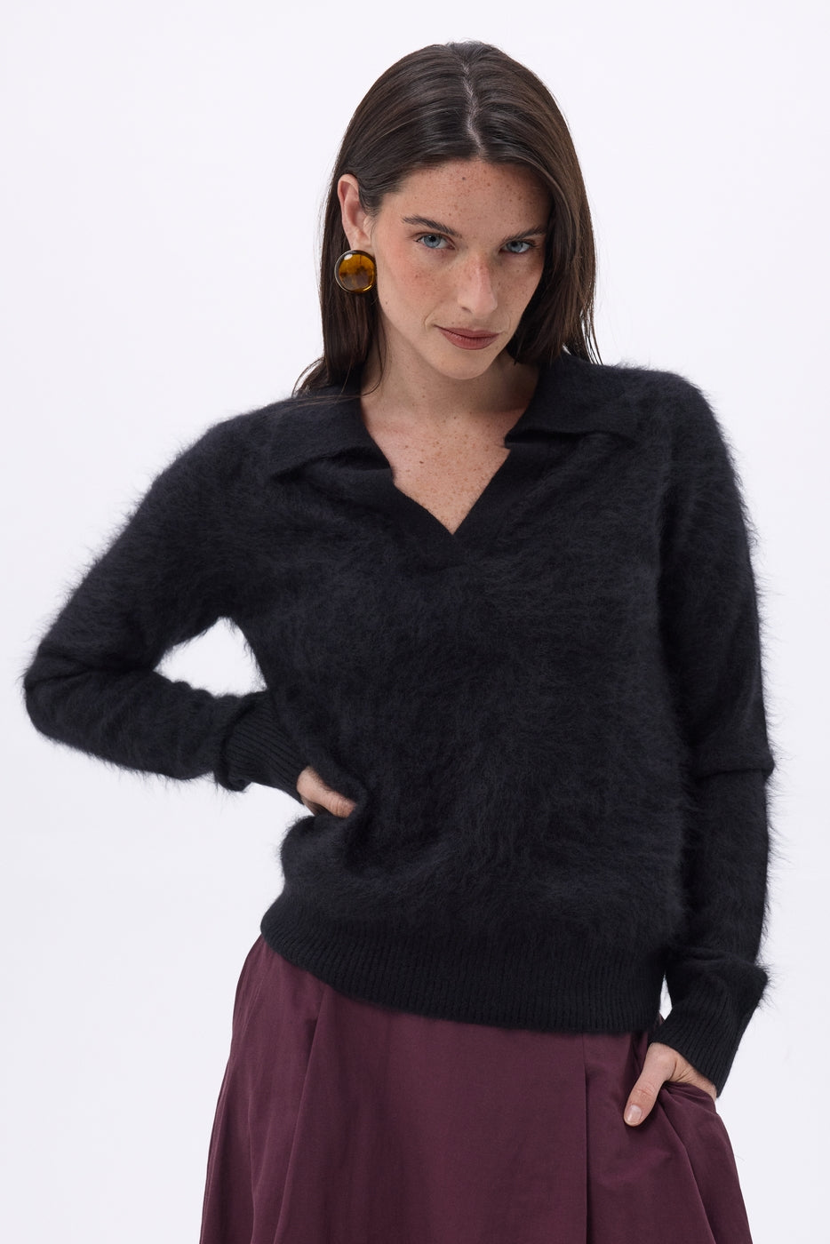 Arielle Brushed Cashmere Polo Shirt - Black - Women