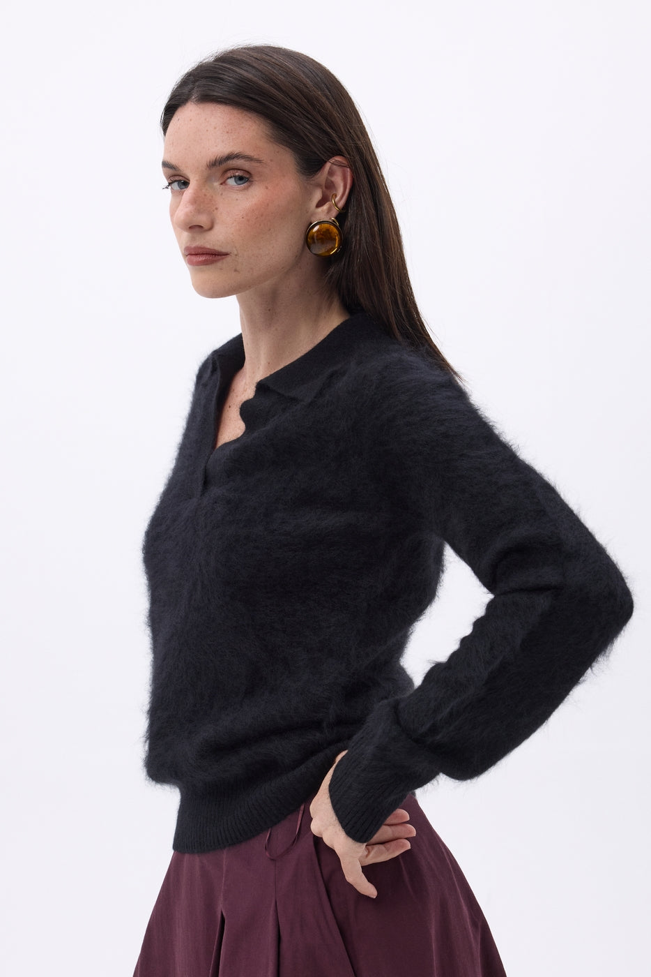 Arielle Brushed Cashmere Polo Shirt - Black - Women