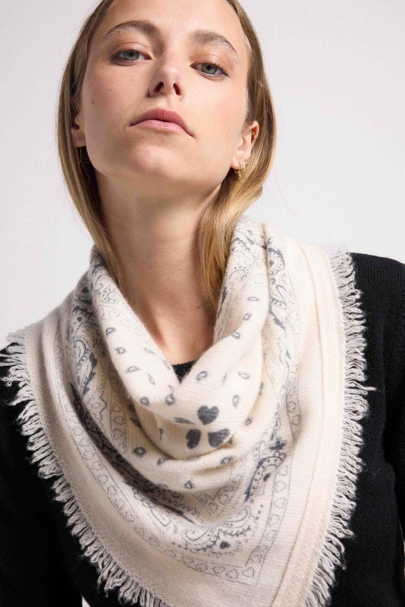 Arizona Bandana Scarf - Ecru Black Drawing - 100% Oeko-Tex Cashmere - Mixed