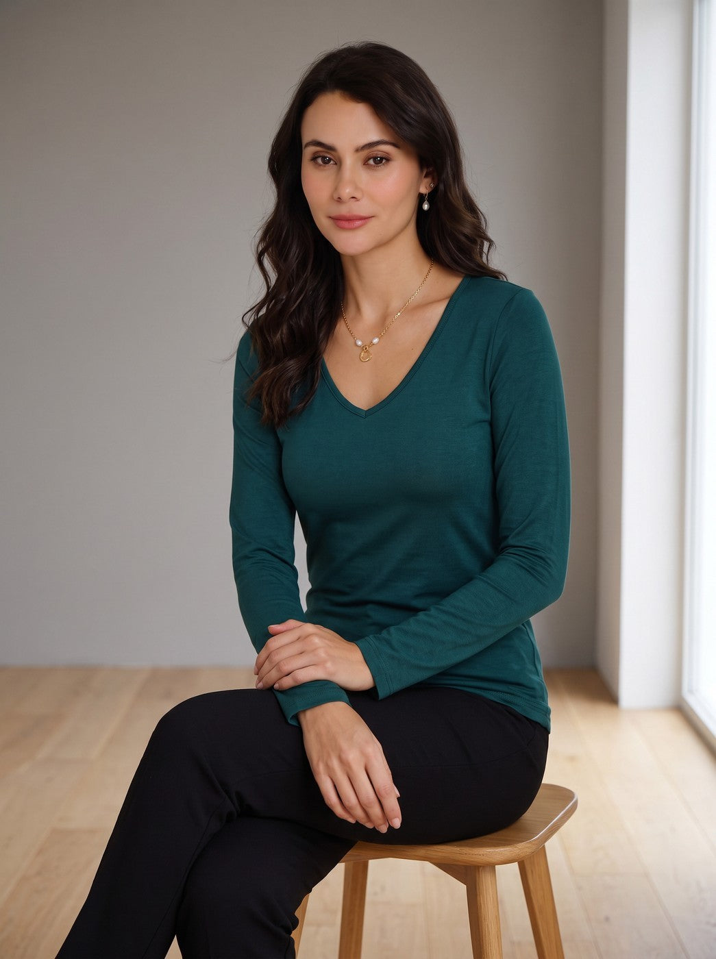 Sous-Pull Col V – Vert Mer Du Nord – Femme