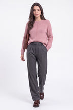 Jersey de canalé con cuello redondo – Rosa empolvado – Mujer