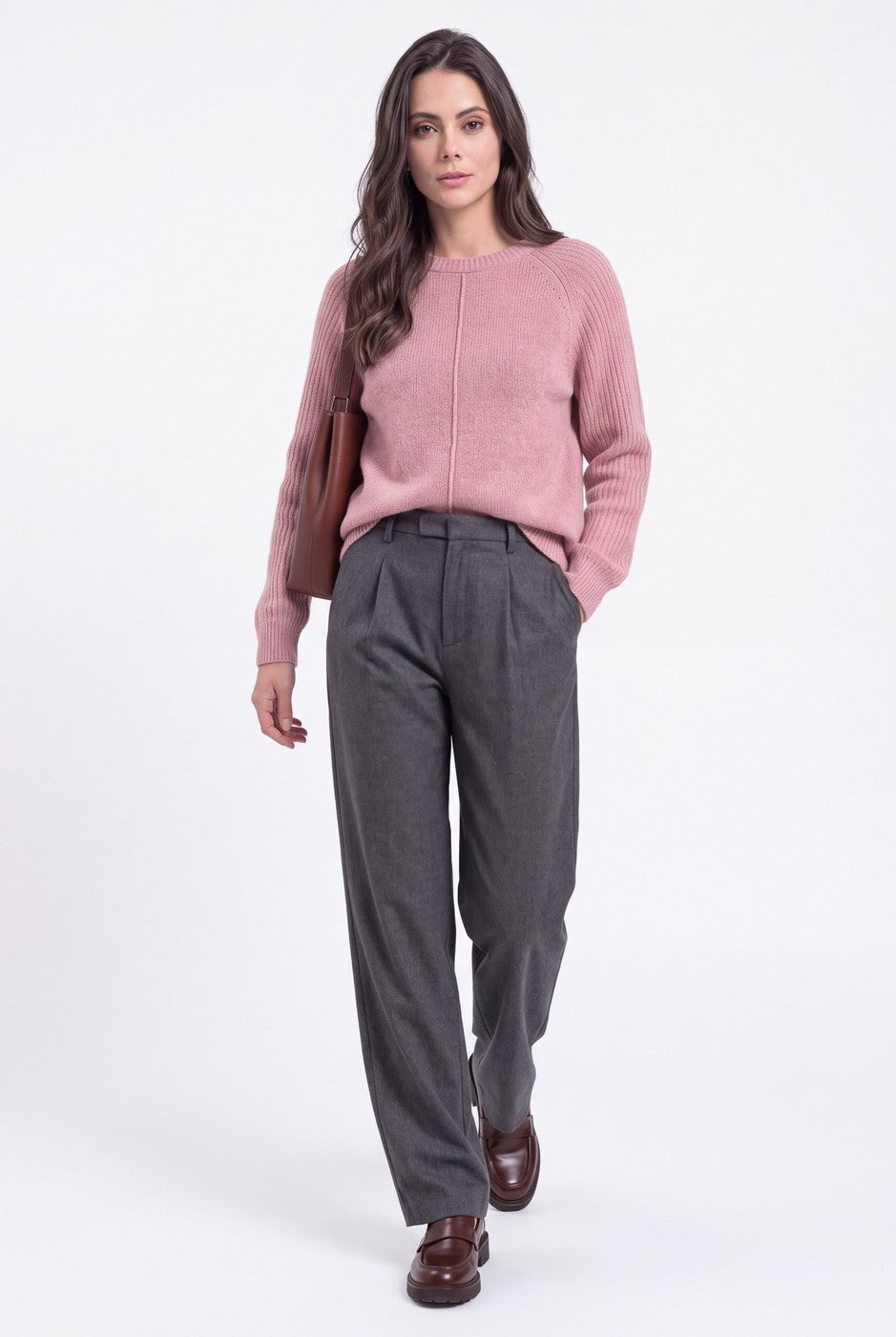 Jersey de canalé con cuello redondo – Rosa empolvado – Mujer