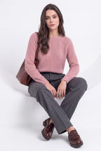 Jersey de canalé con cuello redondo – Rosa empolvado – Mujer