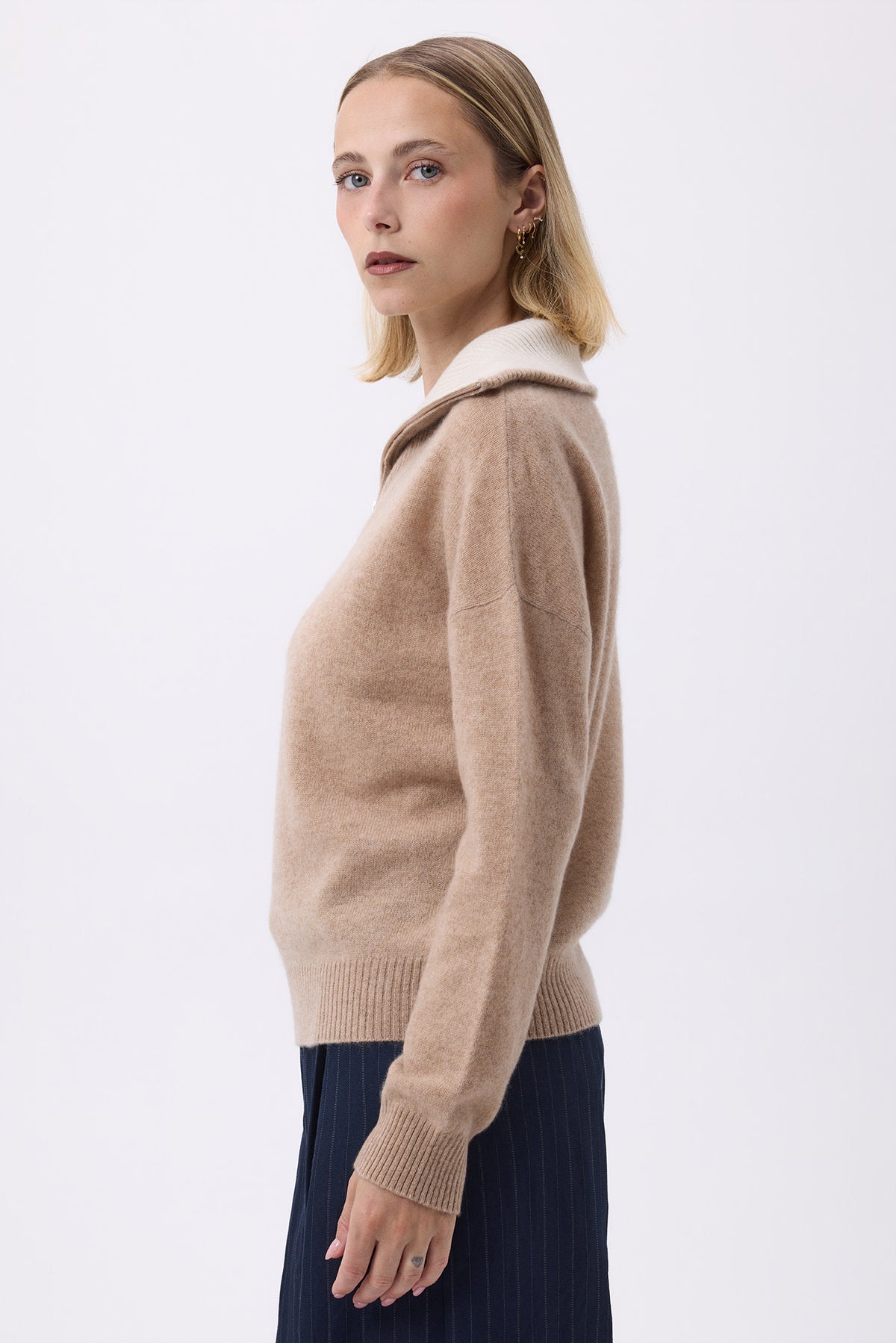 Pull Grand Col Montant Zippé F Ashka - Beige Creme - Femme