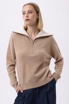 Pull Grand Col Montant Zippé F Ashka - Beige Creme - Femme
