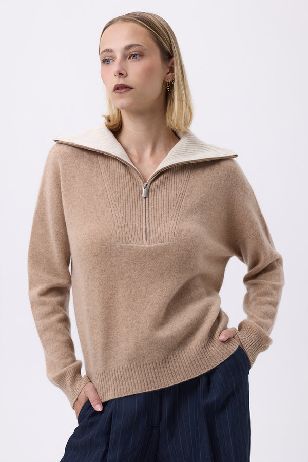 Pull Grand Col Montant Zippé F Ashka - Beige Crème - Femme