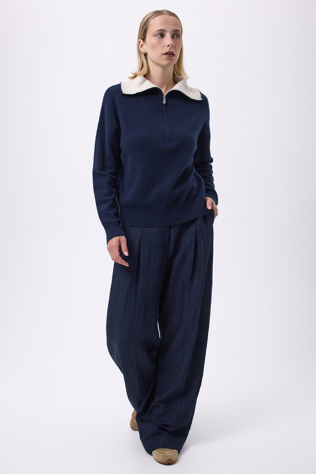 Pull Grand Col Montant Zippé Ashka - Bleu Marine - Femme