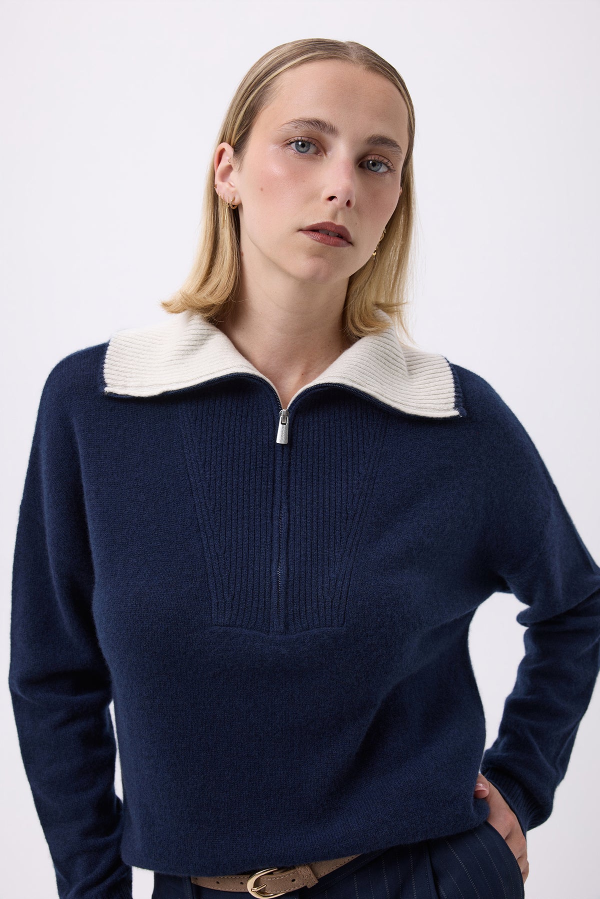 Pull Grand Col Montant Zippé Ashka - Bleu Marine - Femme