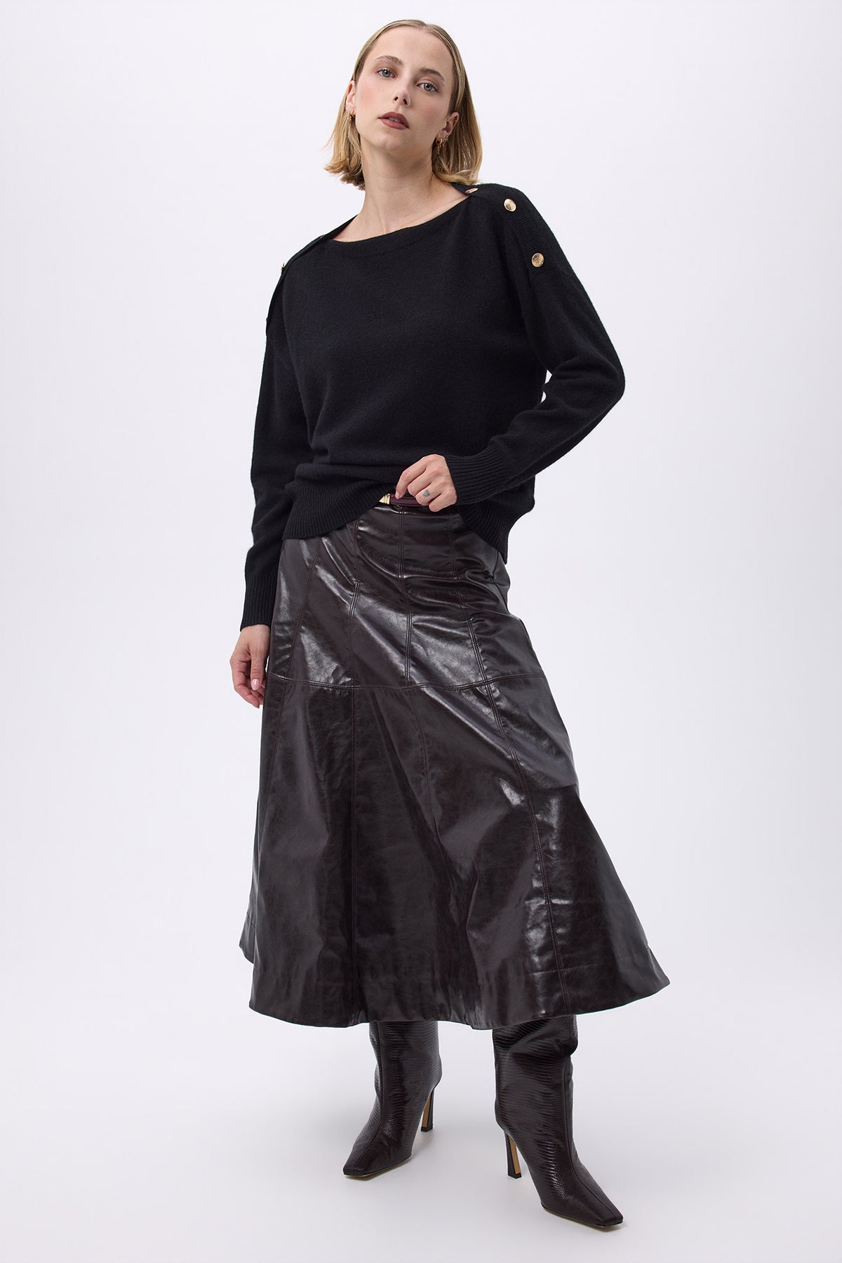Pull Col Rond Boutons Dorés F Aspen - Noir - Femme