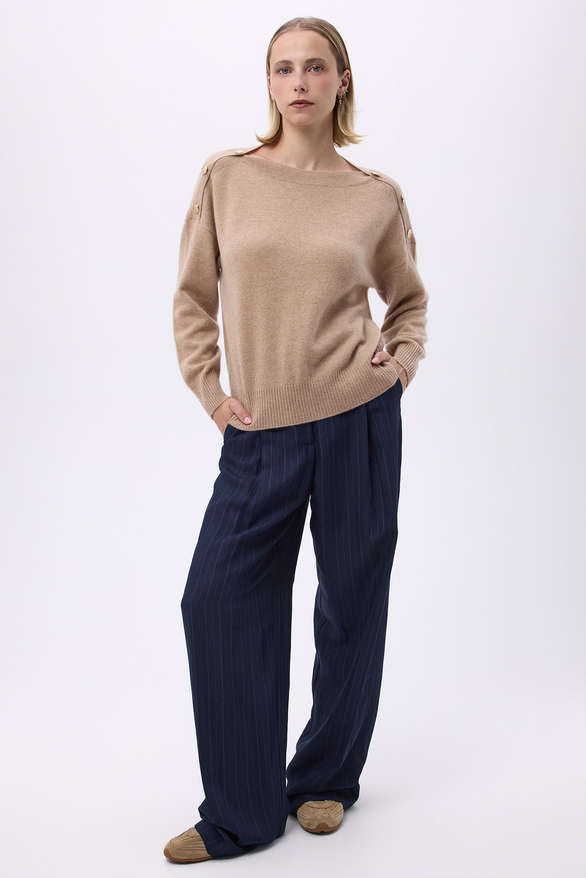 Pull Col Rond Boutons Dorés Aspen - Beige Creme - Femme
