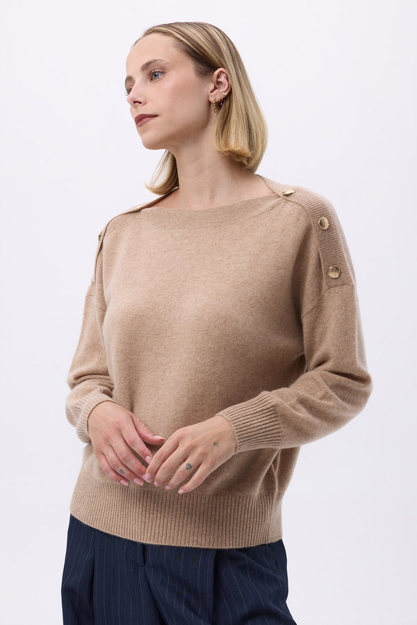 Pull Col Rond Boutons Dorés Aspen - Beige Creme - Femme