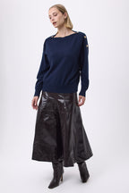 Druiwentrui met Ronde Hals en Gouden Knopen F Aspen - Marineblauw - Dames