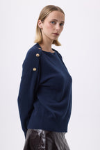 Druiwentrui met Ronde Hals en Gouden Knopen F Aspen - Marineblauw - Dames