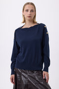 Druiwentrui met Ronde Hals en Gouden Knopen F Aspen - Marineblauw - Dames