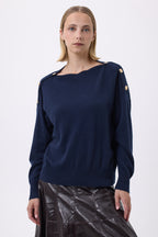 Druiwentrui met Ronde Hals en Gouden Knopen F Aspen - Marineblauw - Dames