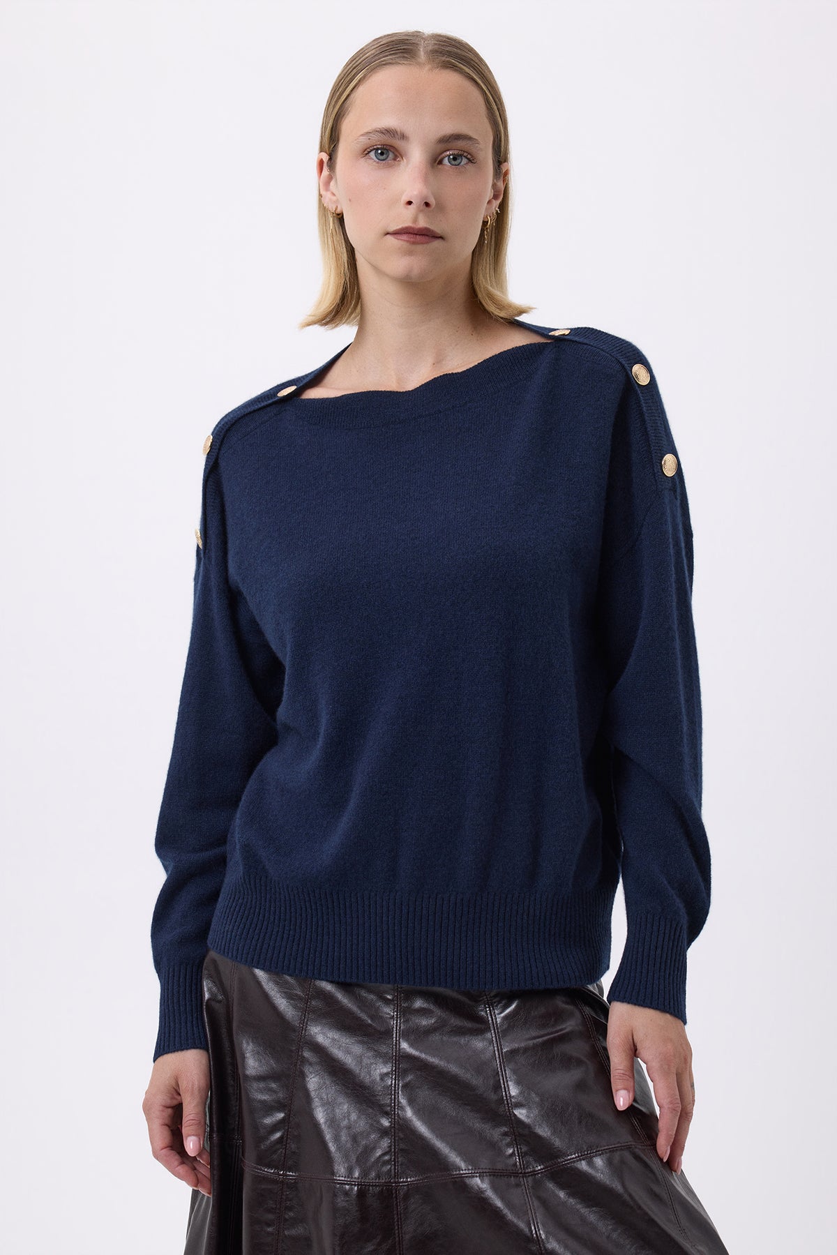 Druiwentrui met Ronde Hals en Gouden Knopen F Aspen - Marineblauw - Dames
