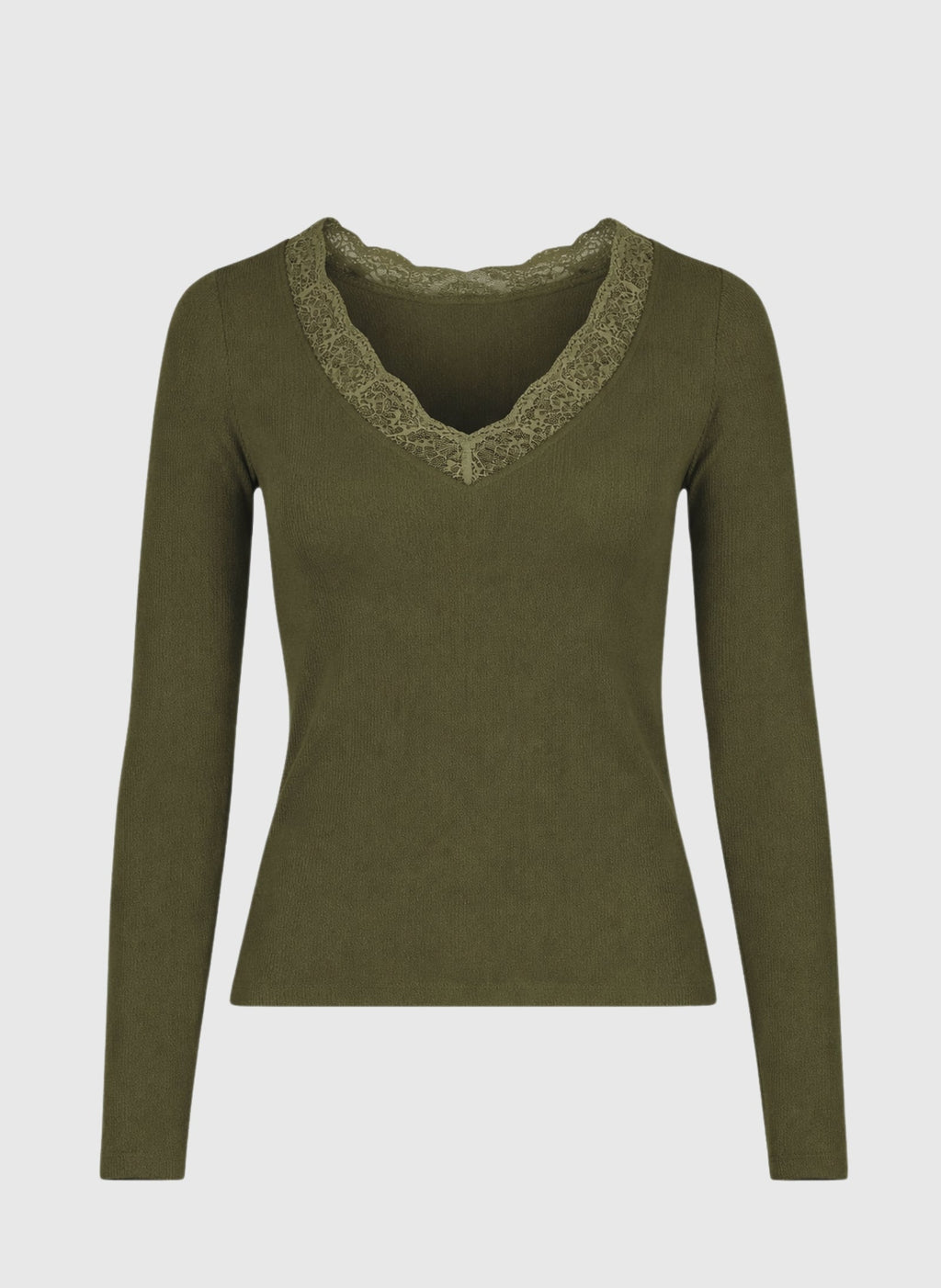 An'ge – T-shirt Asturial Lindegroen, kakigroene top met lange mouwen en kanten V-hals