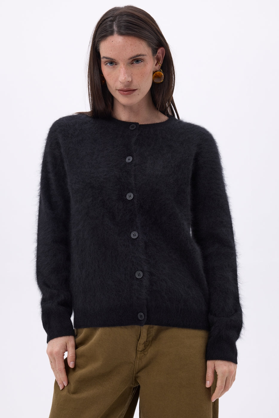 Atlas Crew-Neck Cardigan – Brushed Cashmere - Black - Women