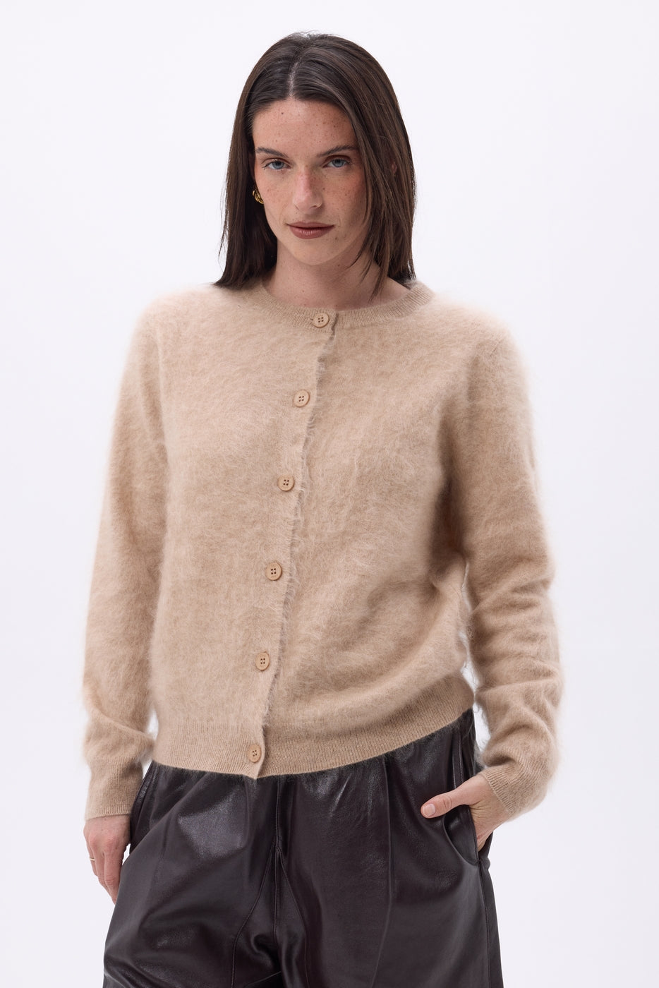 Round Neck Cardigan – Brushed Cashmere Atlas - Cream Beige - Women