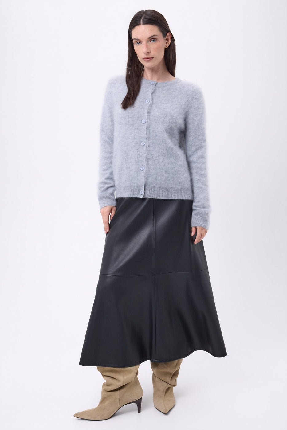 Atlas Round Neck Cardigan – Brushed Cashmere - Light Grey - Women