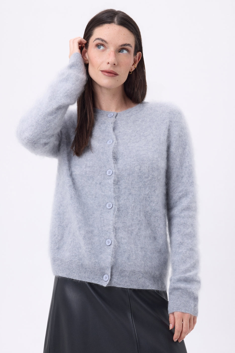 Atlas Round Neck Cardigan – Brushed Cashmere - Light Grey - Women