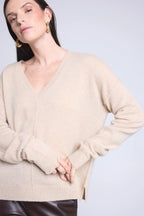 Aura Oversize V-Neck Jumper with Visible Seams - Cream Beige - Women