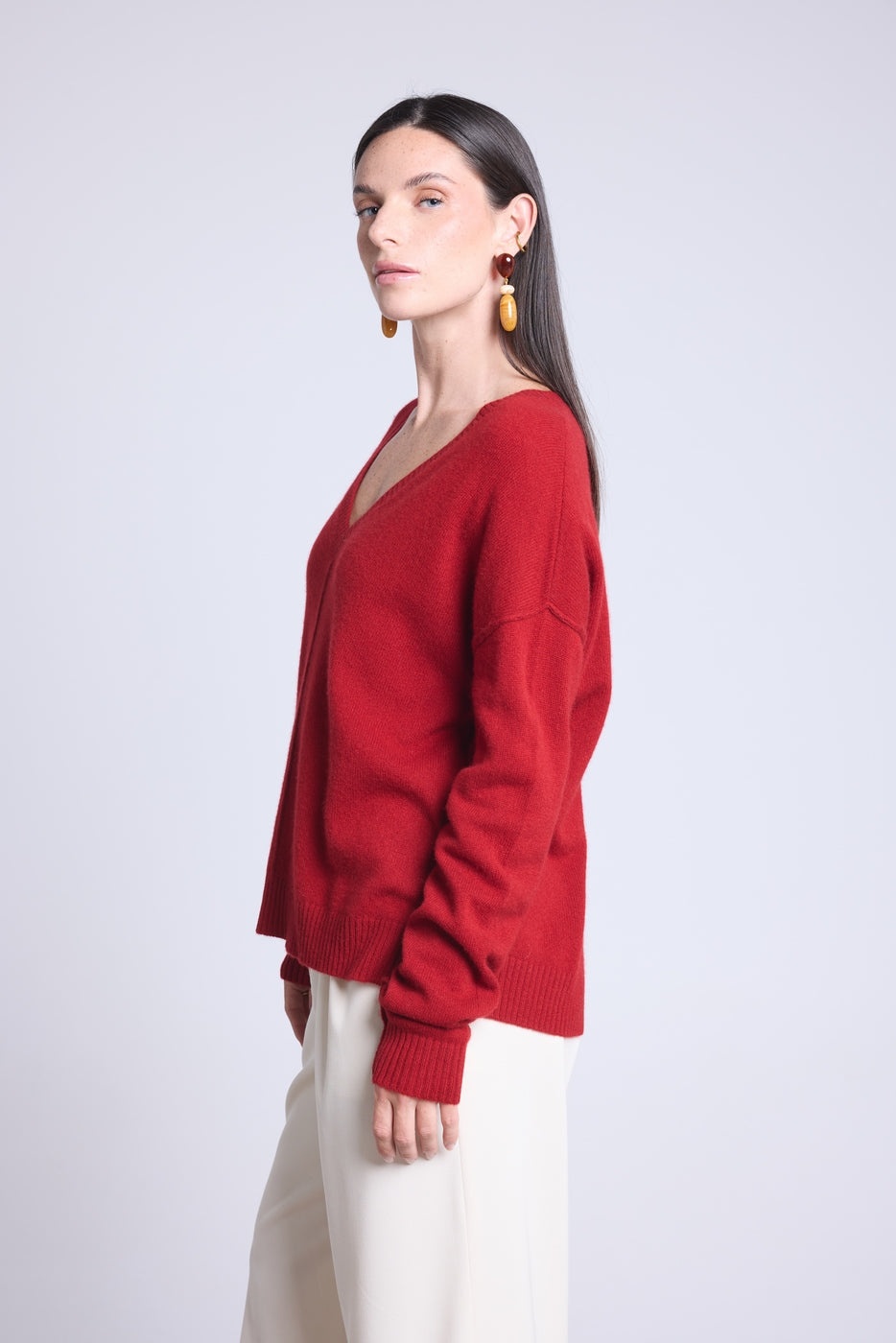 Oversize V-Neck Jumper Visible Seams Aura - Bordeaux Red - Women
