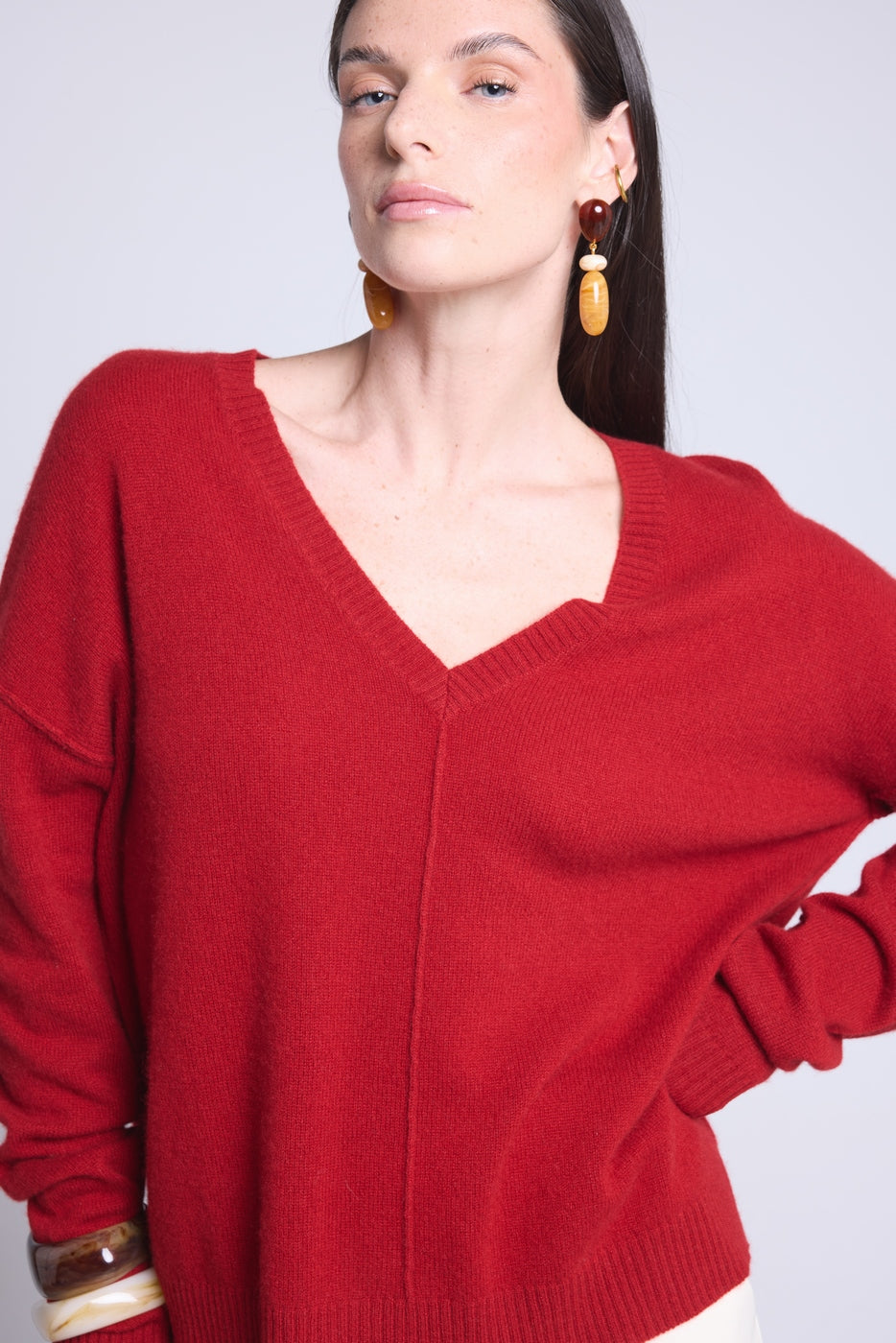 Oversize V-Neck Jumper Visible Seams Aura - Bordeaux Red - Women