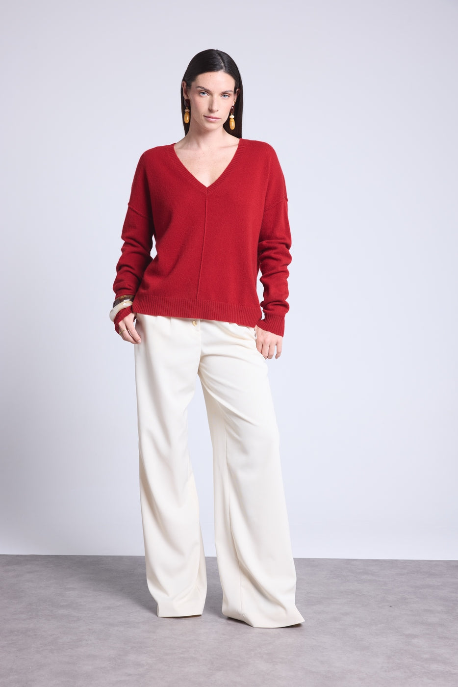 Oversize V-Neck Jumper Visible Seams Aura - Bordeaux Red - Women