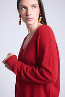 Pull Col V Oversize Coutures Aura - Rouge Bordeau - Femme
