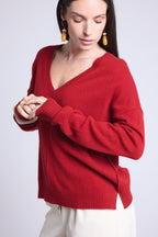 Oversize V-Neck Jumper Visible Seams Aura - Bordeaux Red - Women