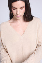 Aura Oversize V-Neck Jumper with Visible Seams - Cream Beige - Women
