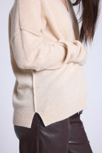 Aura Oversize V-Neck Jumper with Visible Seams - Cream Beige - Women