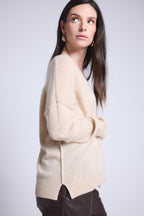 Aura Oversize V-Neck Jumper with Visible Seams - Cream Beige - Women